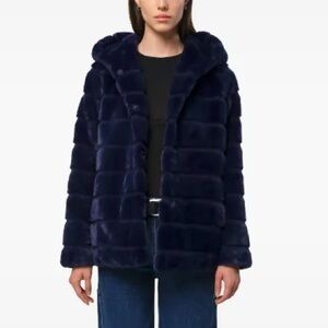 Apparis Goldie Faux Fur Jacket Hooded Coat Navy Blue Sz S Cozy Plush Statement